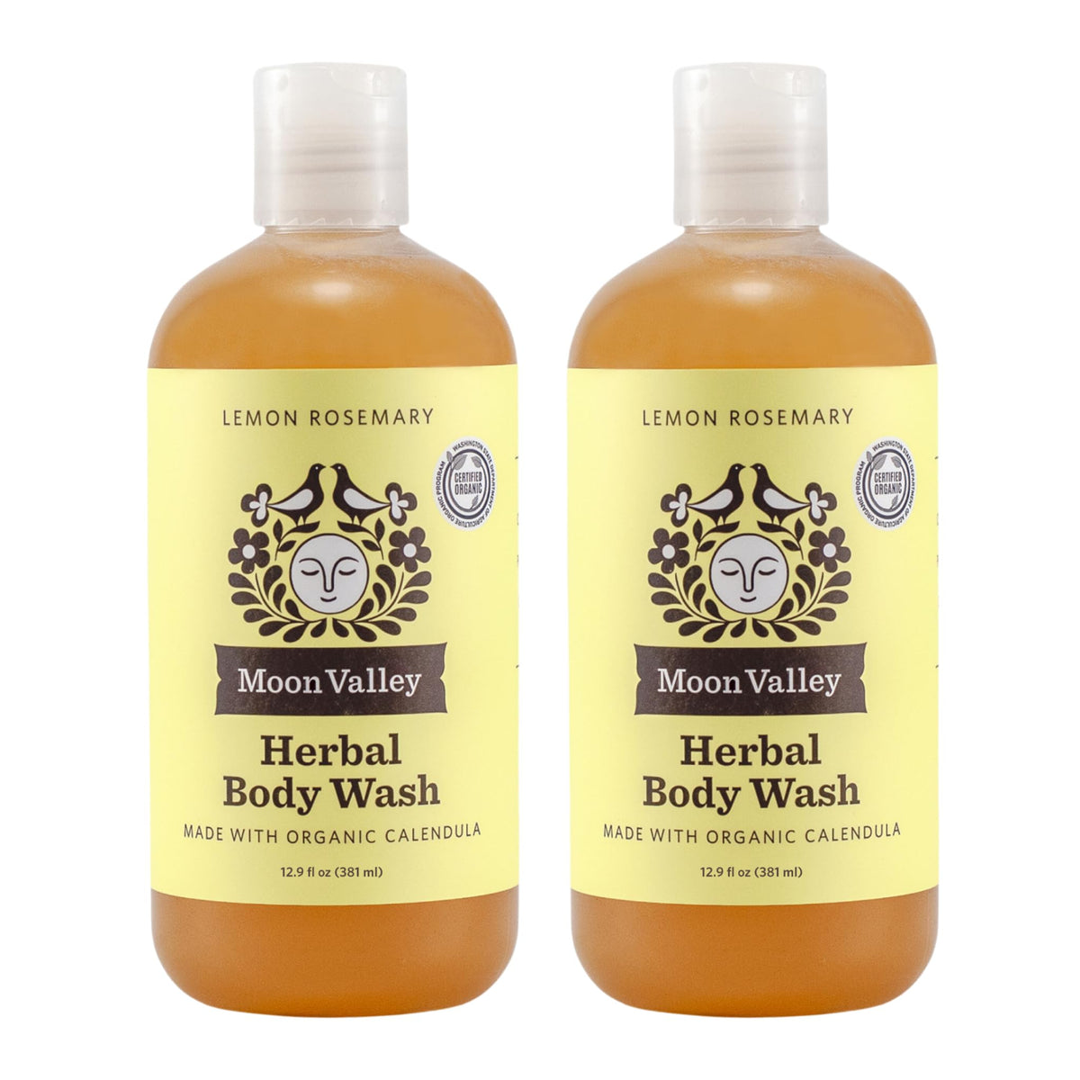 Moon Valley Organics front bottle showing lemon rosemary label and natural ingredients benefit
