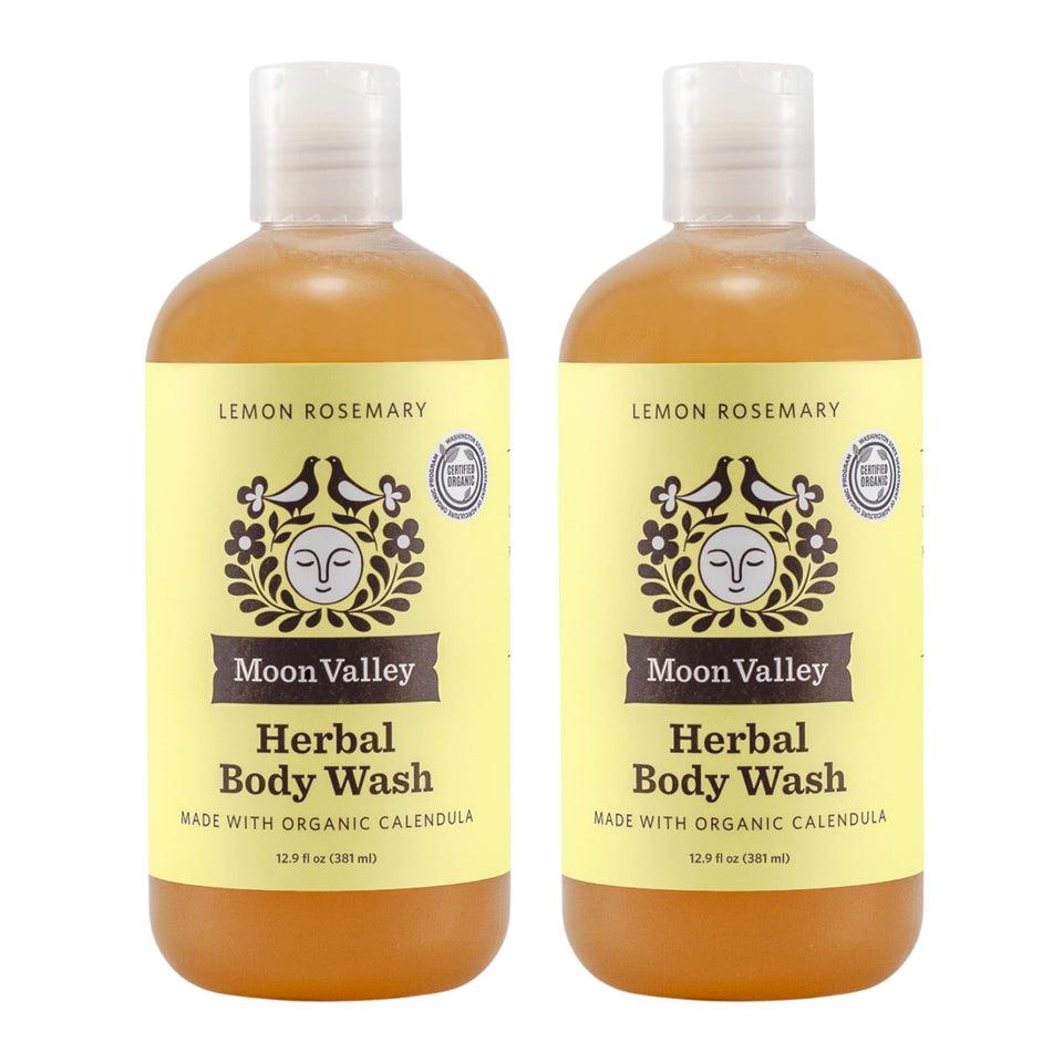 Moon Valley Organics front bottle showing lemon rosemary label and natural ingredients benefit