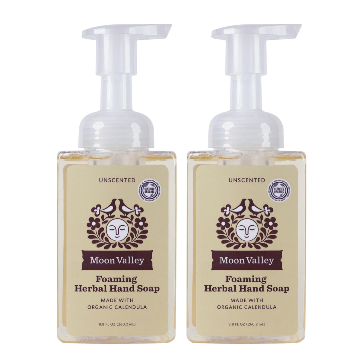 Moon Valley Organics front label showing unscented two‑pack and clear benefits