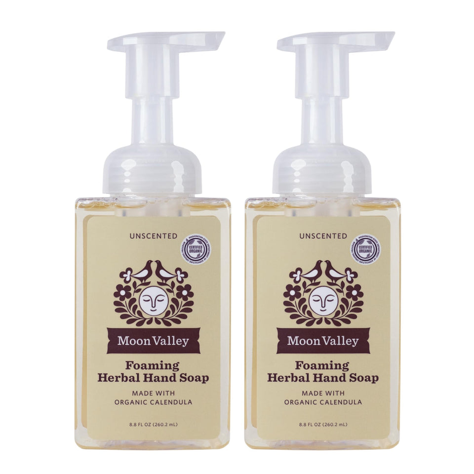 Moon Valley Organics front label showing unscented two‑pack and clear benefits