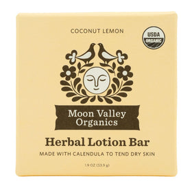 Moon Valley Organics front packaging showing coconut lemon bar and restorative benefit
