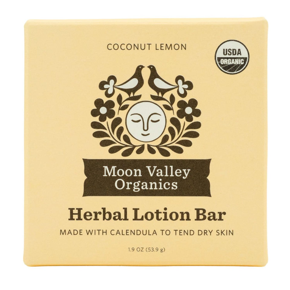 Moon Valley Organics front packaging showing coconut lemon bar and restorative benefit