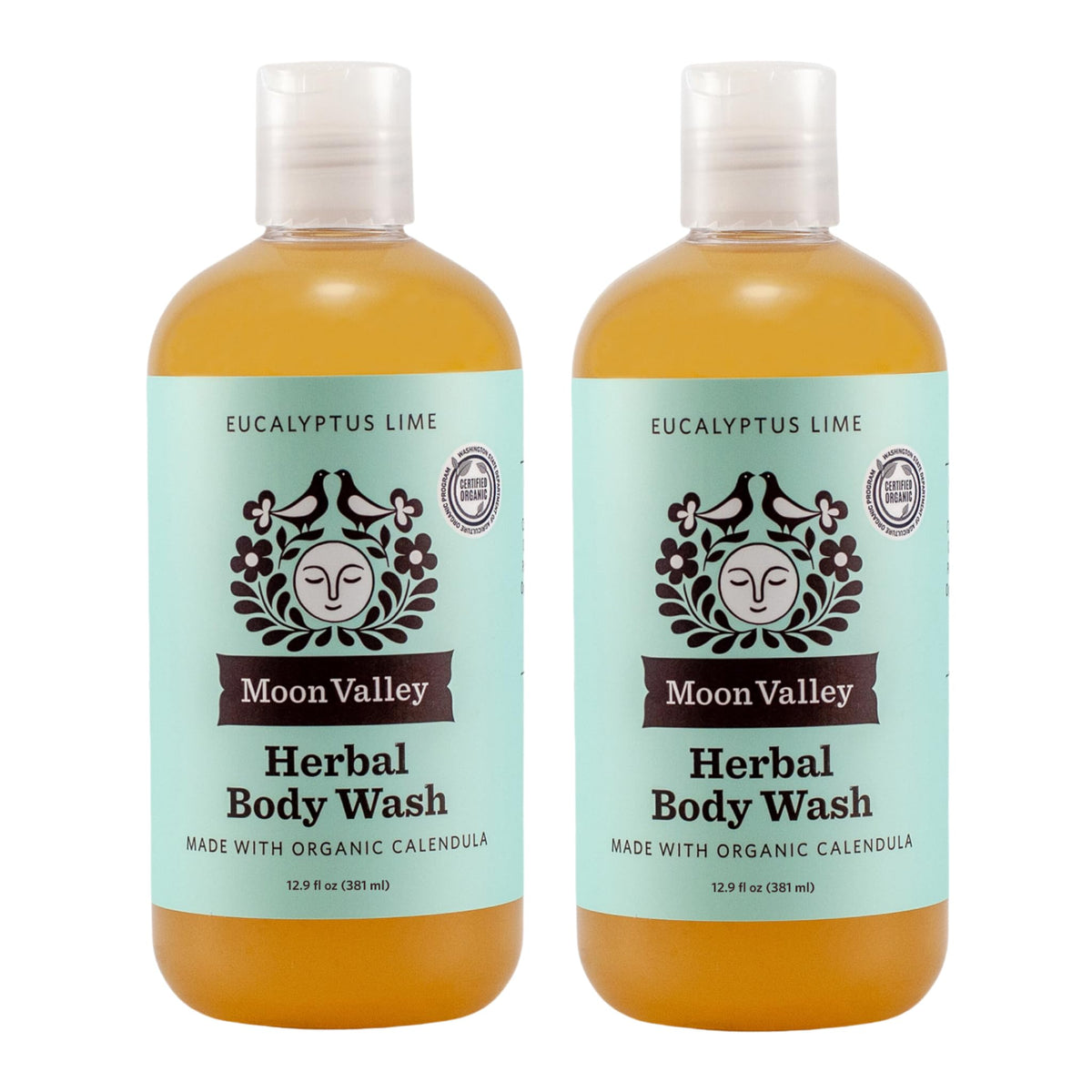 Moon Valley Organics front packaging showing two bottles and natural scent benefits