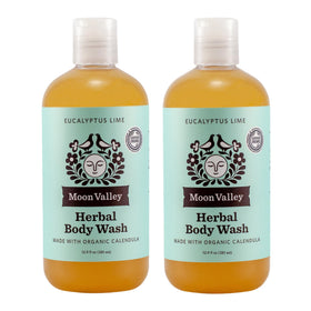 Moon Valley Organics front packaging showing two bottles and natural scent benefits