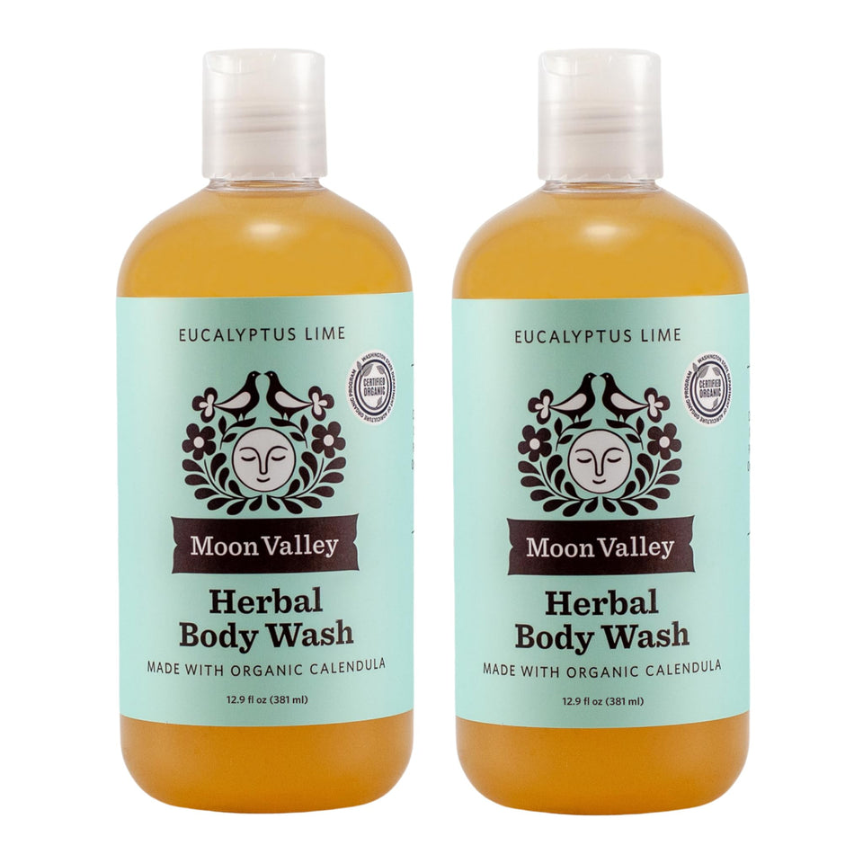 Moon Valley Organics front packaging showing two bottles and natural scent benefits