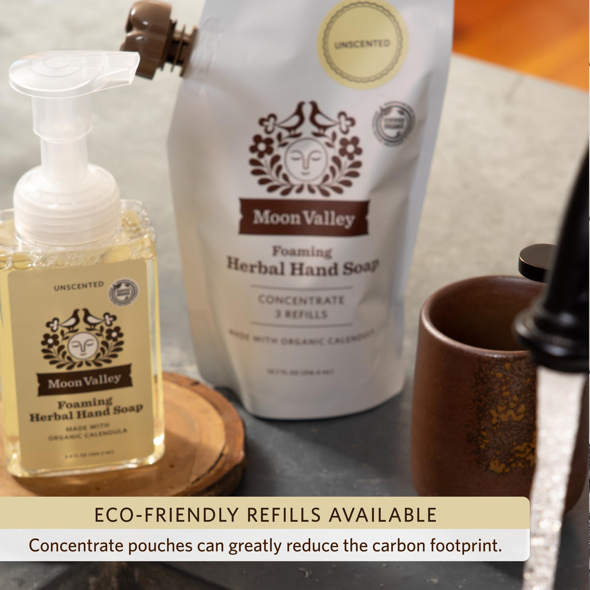 Moon Valley Organics in-use at kitchen sink demonstrating gentle cleansing and fresh scent benefit