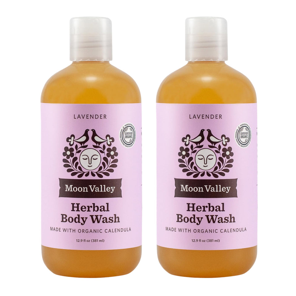 Moon Valley Organics front packaging showing two bottles and clear labeling benefit