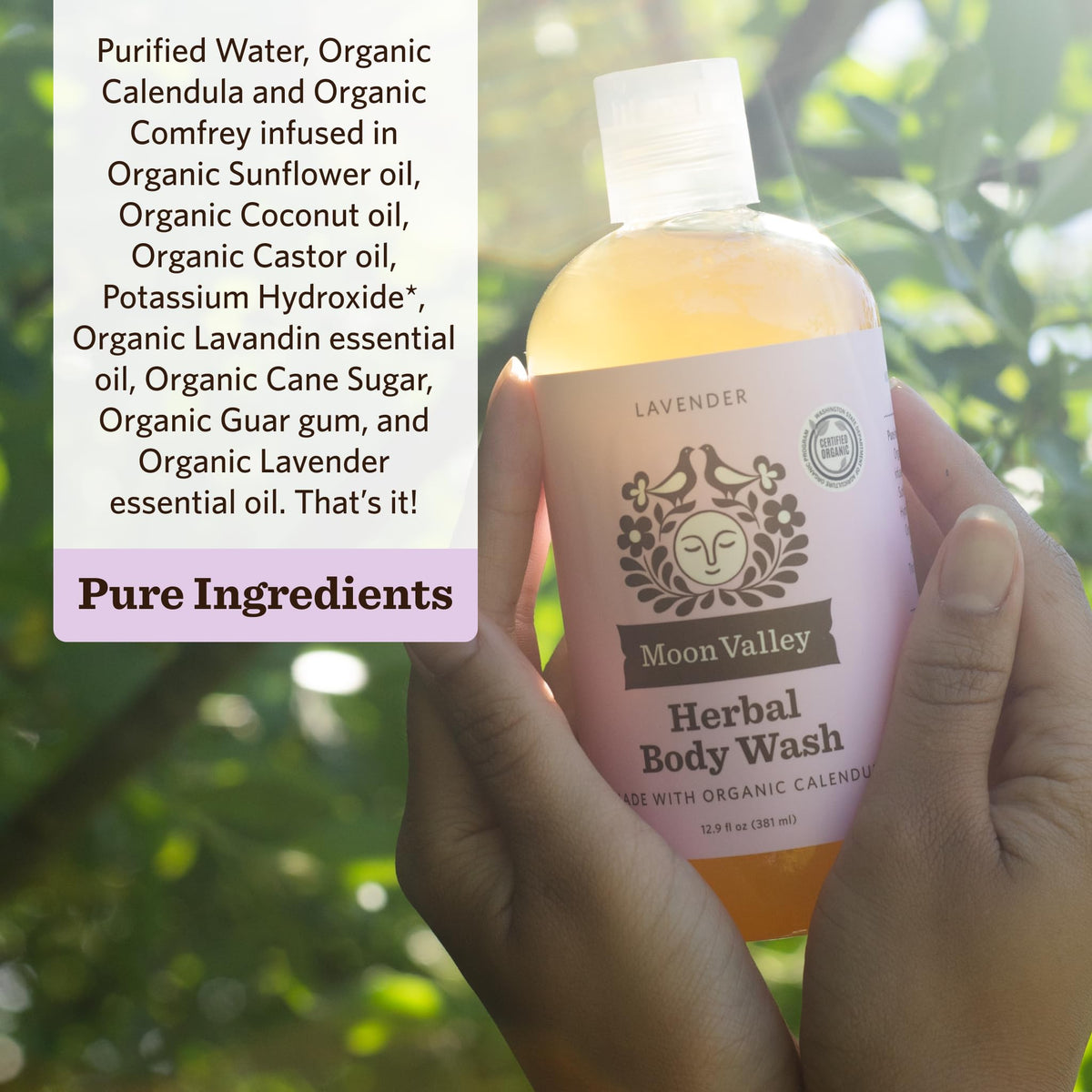 Moon Valley Organics creamy lavender lather texture for moisturizing cleanse benefit