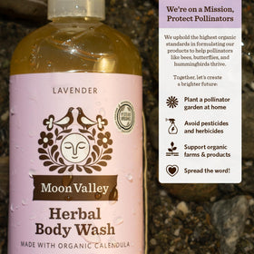 Moon Valley Organics shower lifestyle scene showing calming scent and daily use benefit