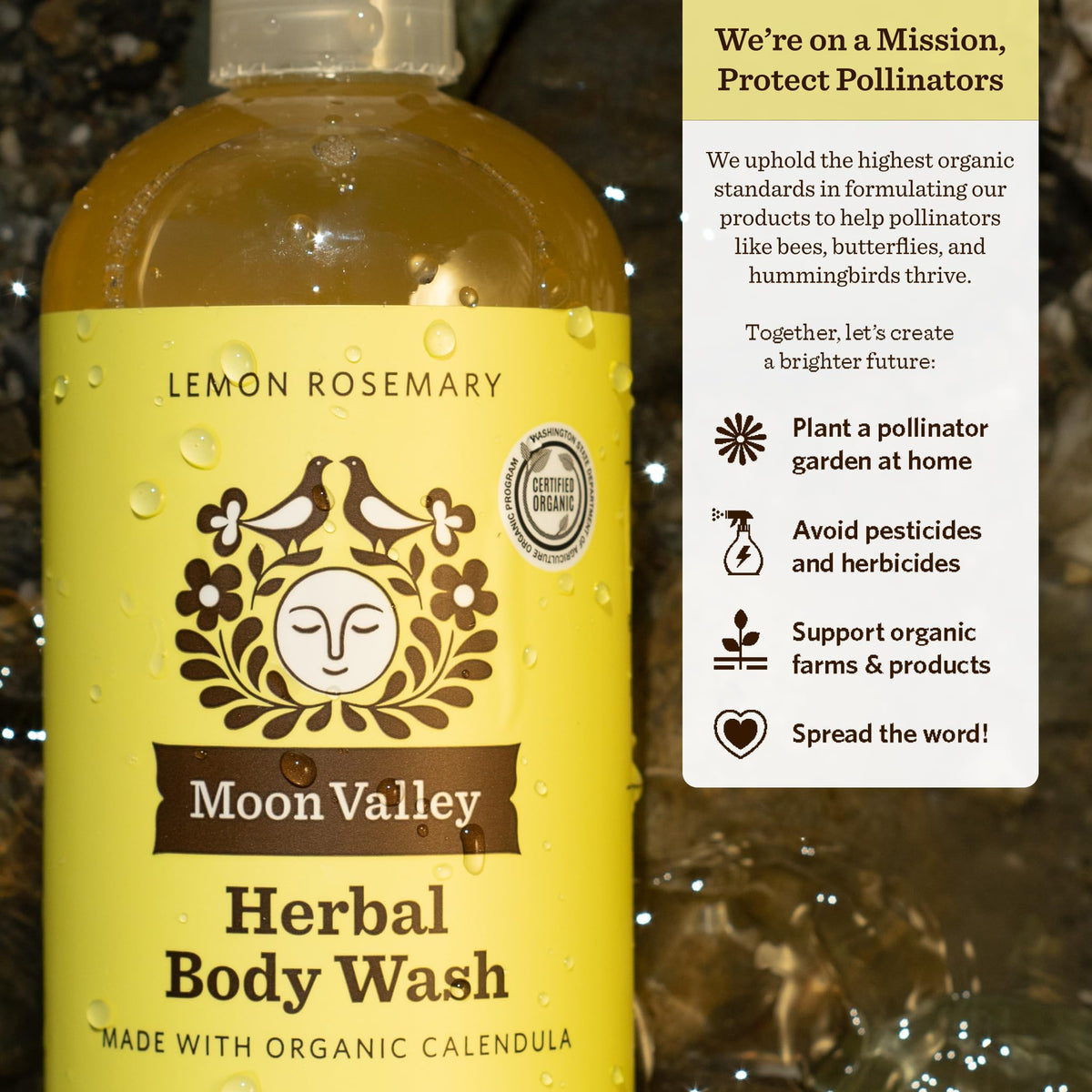 Moon Valley Organics bottles staged in bathroom highlighting two-pack value and aesthetic appeal