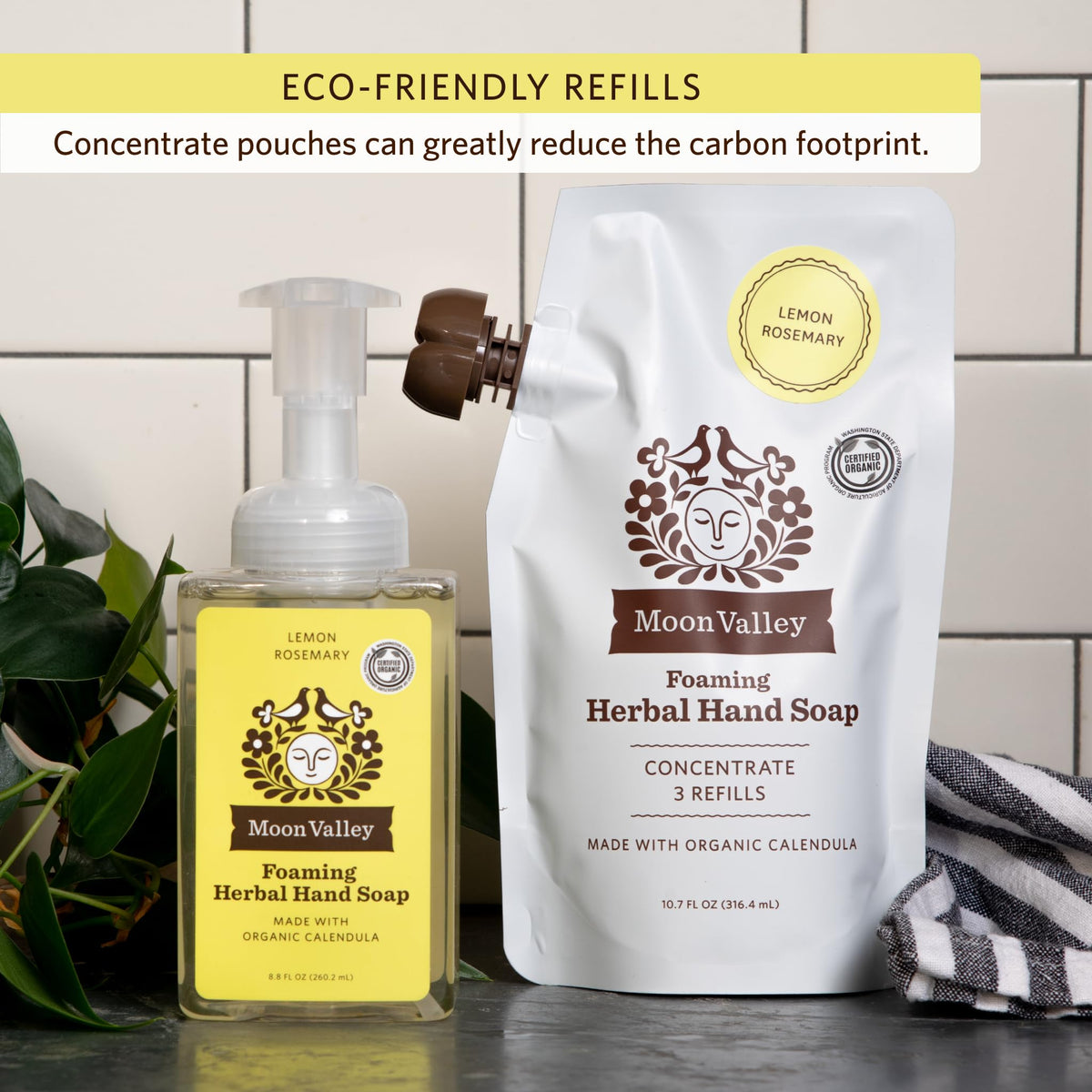 Moon Valley Organics pouch at a bathroom sink conveying eco-friendly routine