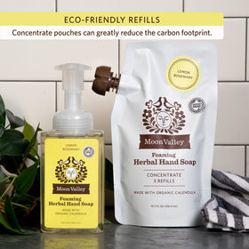 Moon Valley Organics pouch at a bathroom sink conveying eco-friendly routine