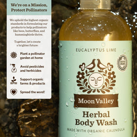 Moon Valley Organics in shower lifestyle scene illustrating refreshing eucalyptus-lime