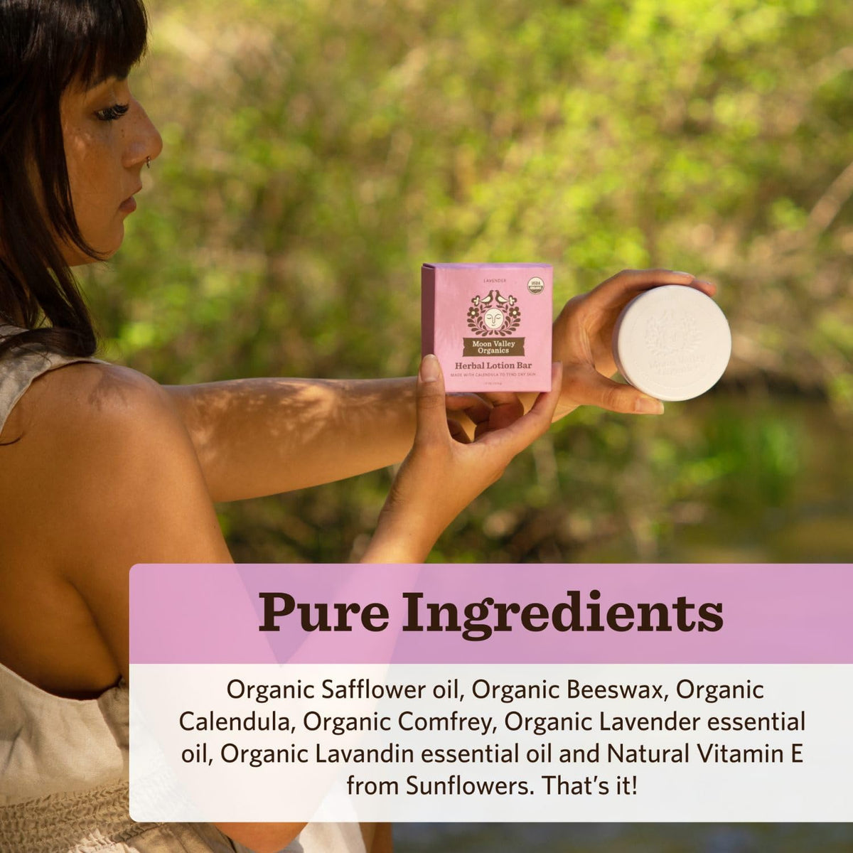 Moon Valley Organics applying melted bar to hand for fast hydration