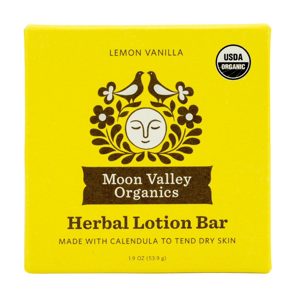 Moon Valley Organics front packaging showing lemon vanilla bar and label benefit