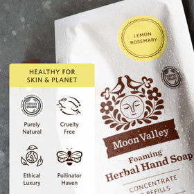 Moon Valley Organics pouch beside dispenser showing refill size and quantity