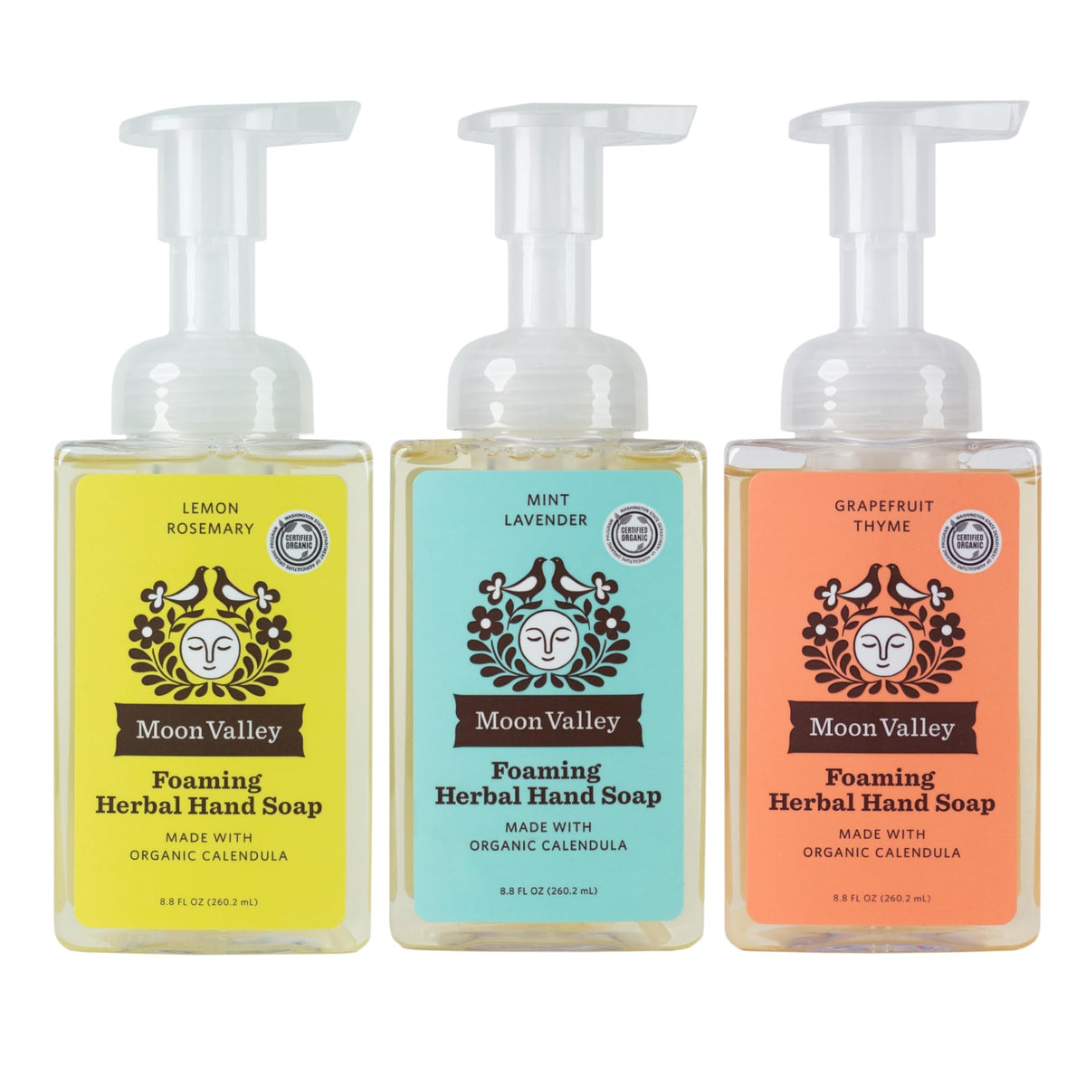Moon Valley Organics three-pack front view showing labels and recyclable bottles benefit choice