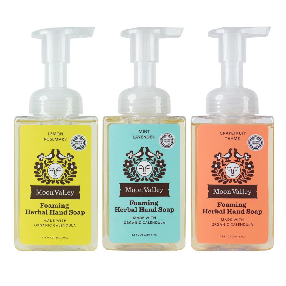 Moon Valley Organics three-pack front view showing labels and recyclable bottles benefit choice