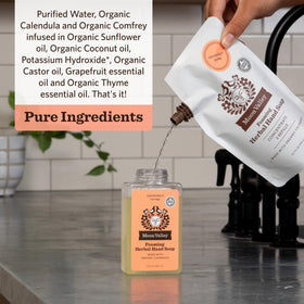 Moon Valley Organics pouring pouch into foaming dispenser demonstrating easy refill
