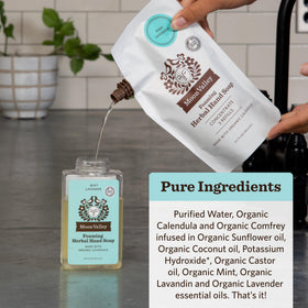 Moon Valley Organics pouring refill pouch into foaming dispenser to reduce plastic waste