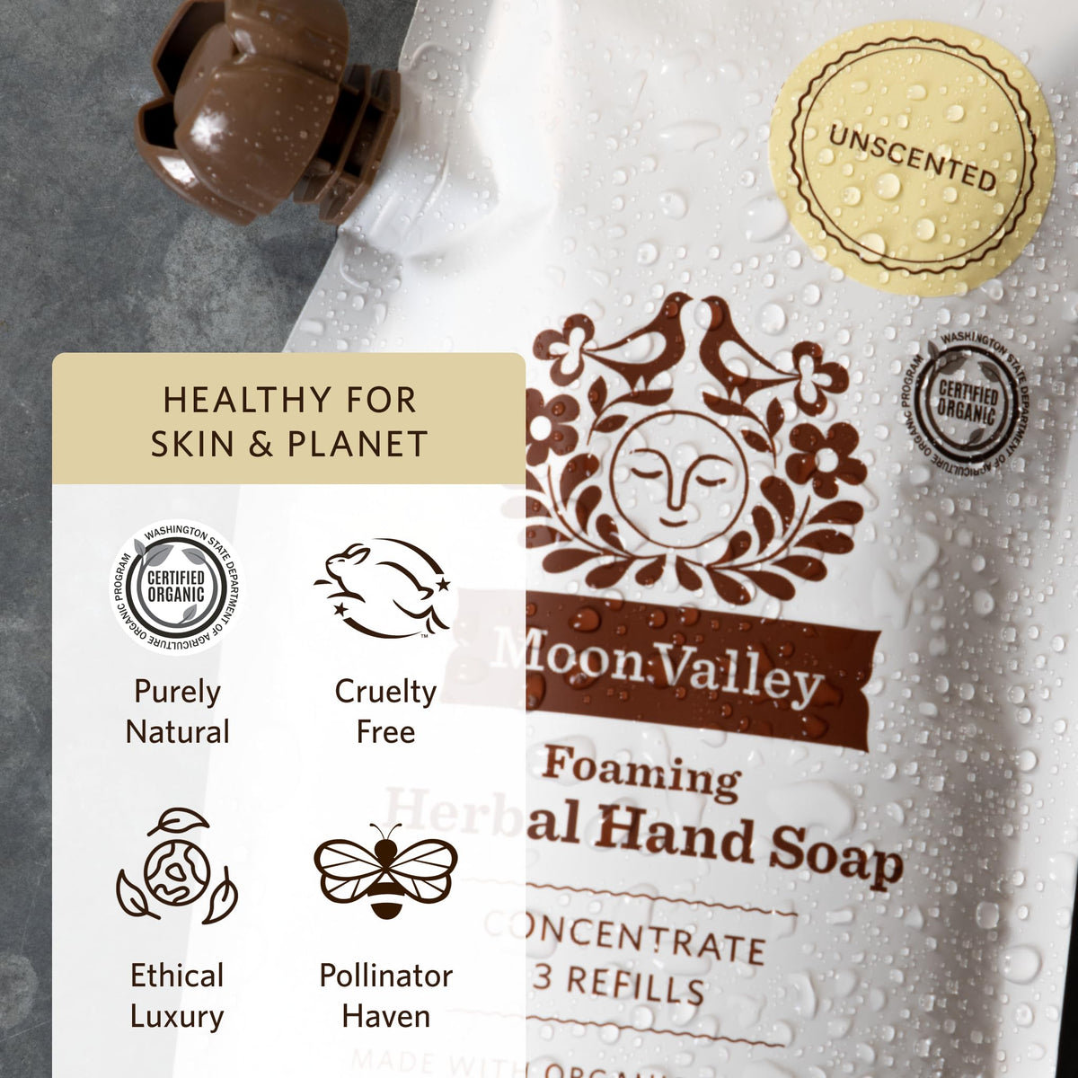 Moon Valley Organics pouch beside common items to show 10.7 oz size and lasting value