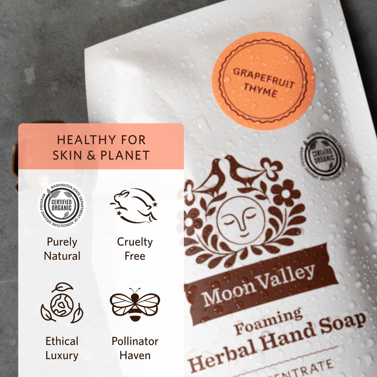 Moon Valley Organics pouch next to a hand for size comparison showing refill capacity