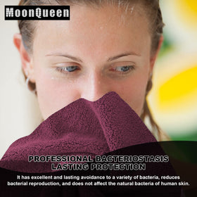 MOONQUEEN stacked burgundy cloths on bath counter showing coordinated storage benefit