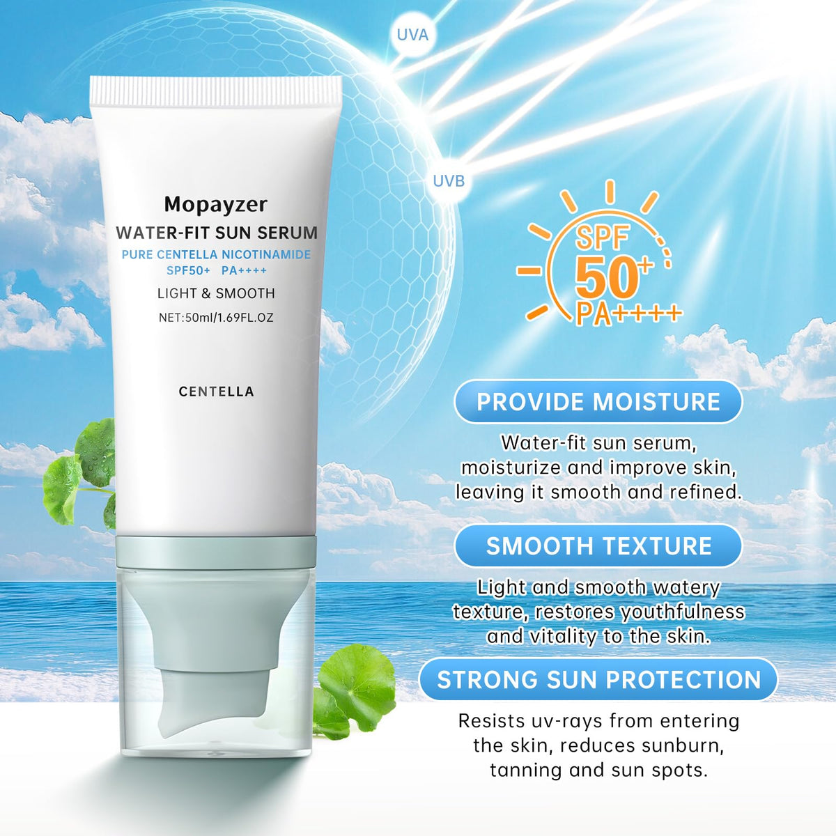 mopayzer centella gel texture close-up demonstrating lightweight absorption
