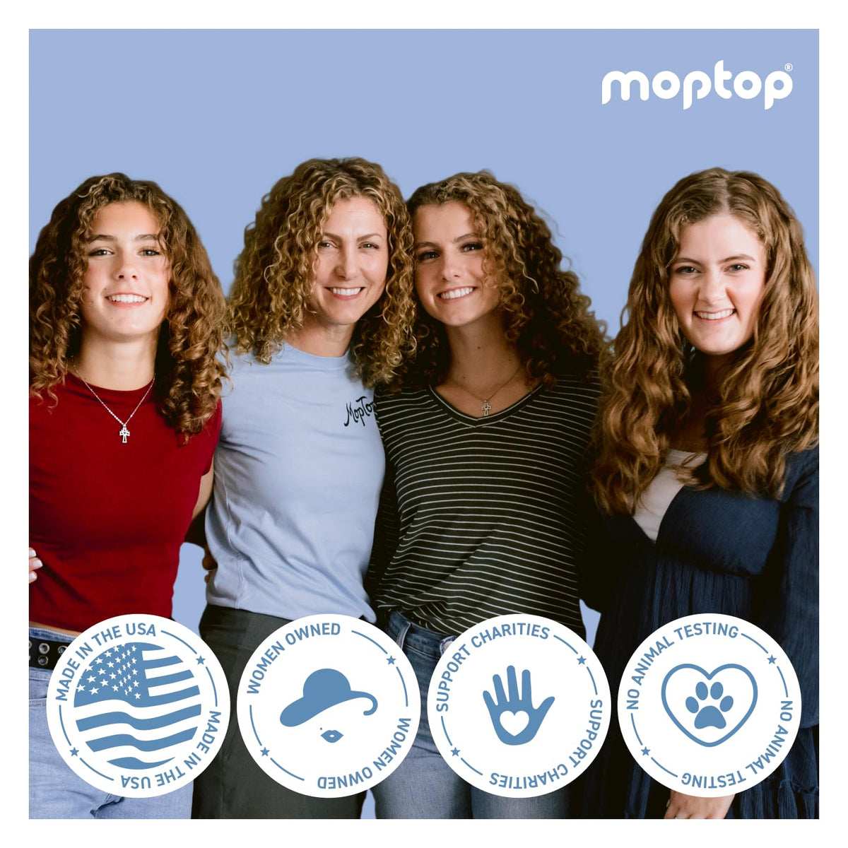 Before and after using MopTop showing reduced frizz and shine