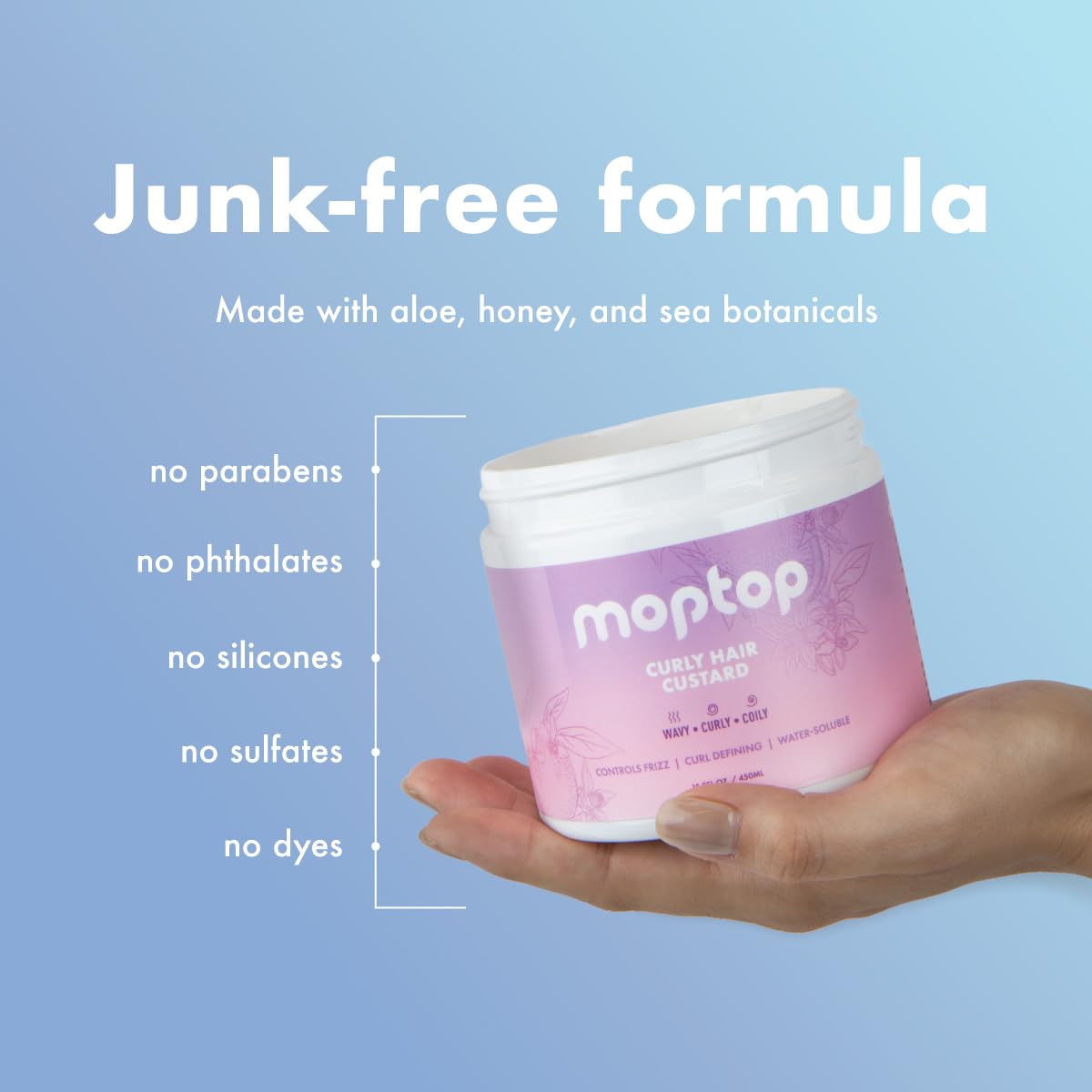 Applying MopTop to wet curls demonstrating definition and reduced frizz benefit