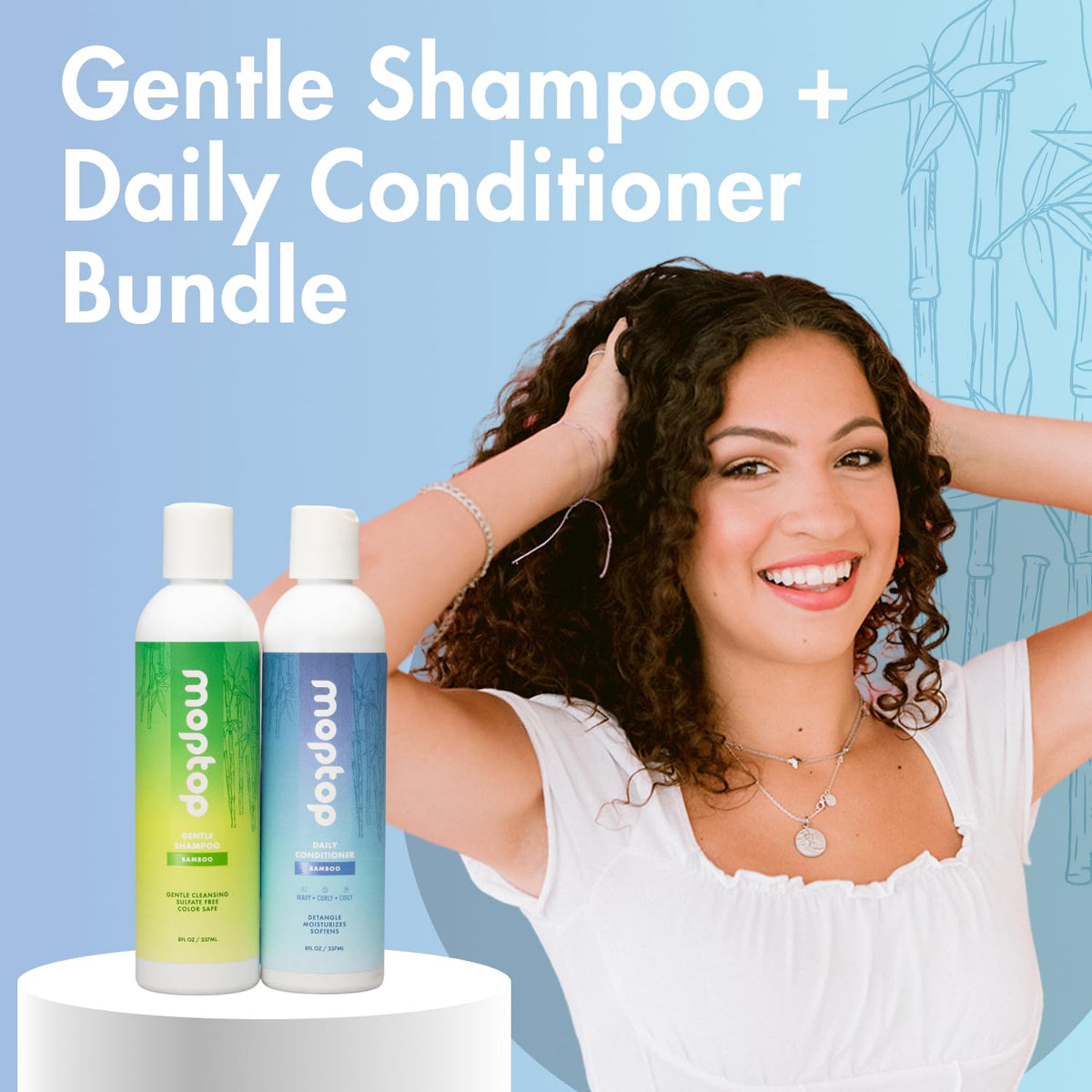 MopTop hair after use on curly hair showing reduced frizz benefit