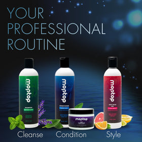 MopTop rinse-in application in shower demonstrating smoothing and detangling