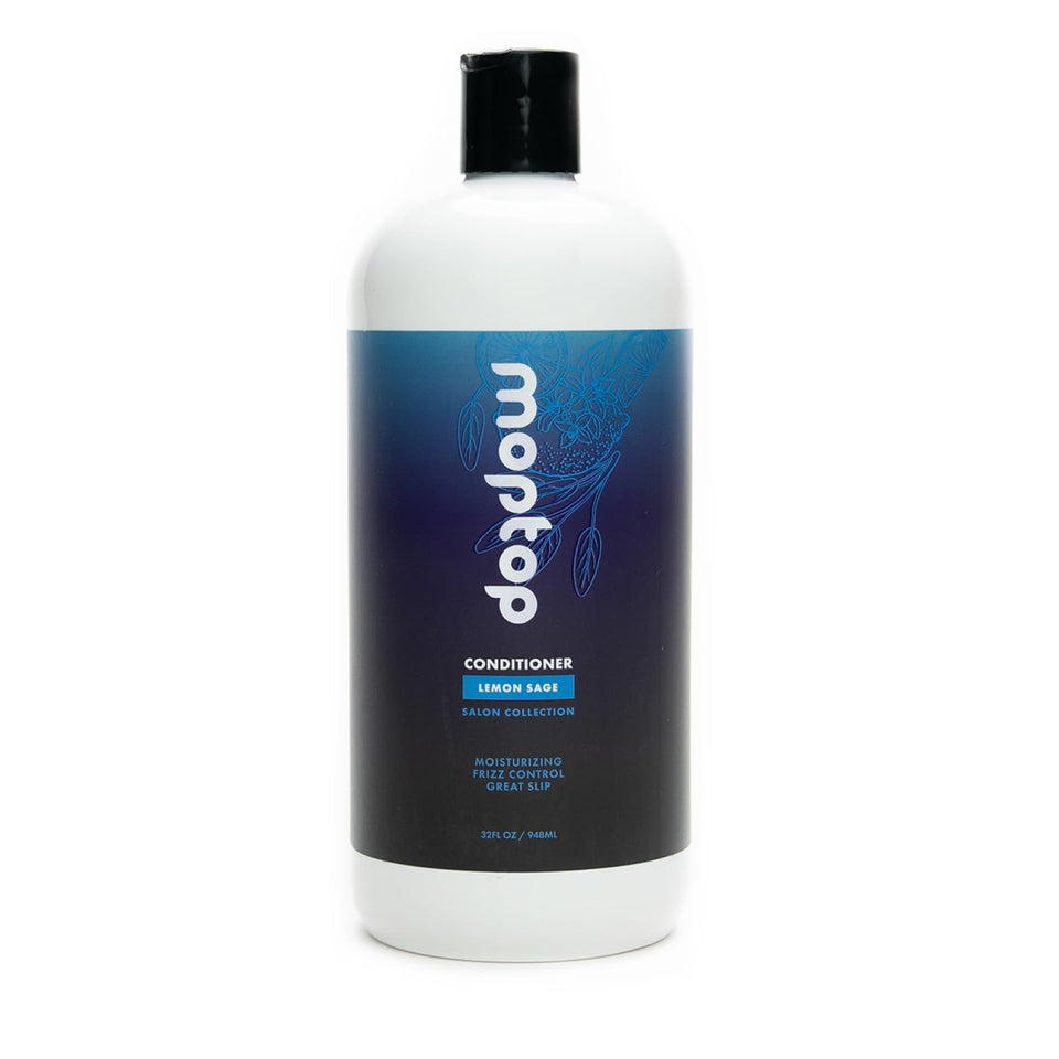 MopTop front bottle showing lemon sage label and salon-size benefits