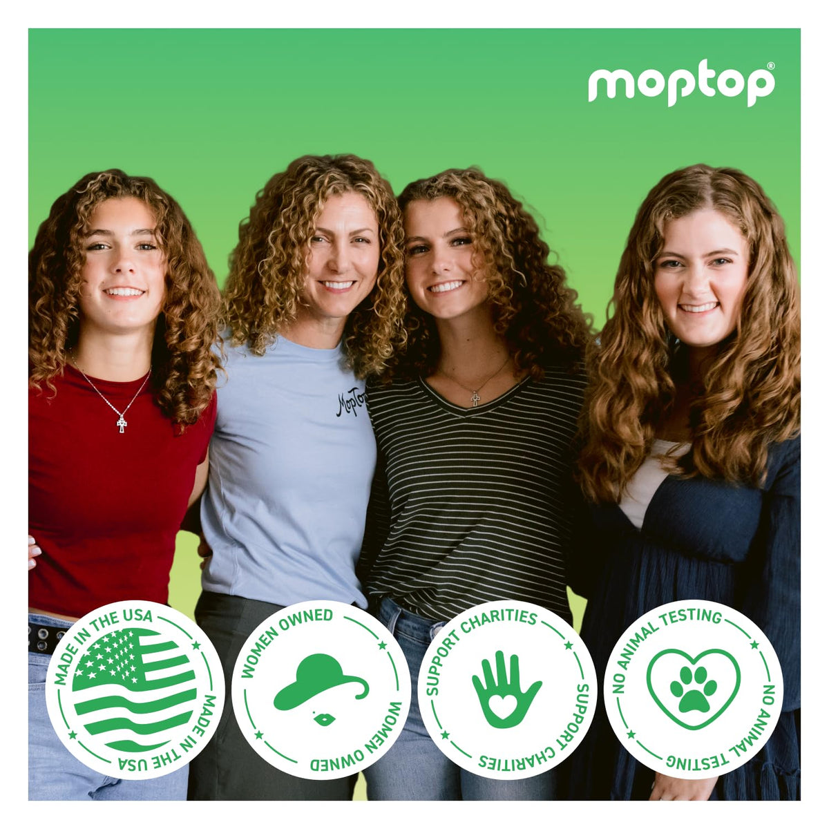 MopTop bottle styled on bathroom shelf suggesting routine-friendly, natural care