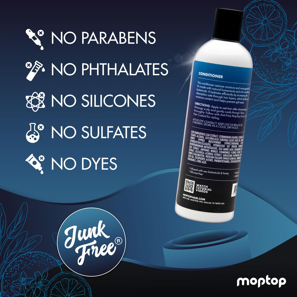 MopTop 32oz bottle next to hand showing true salon-size volume