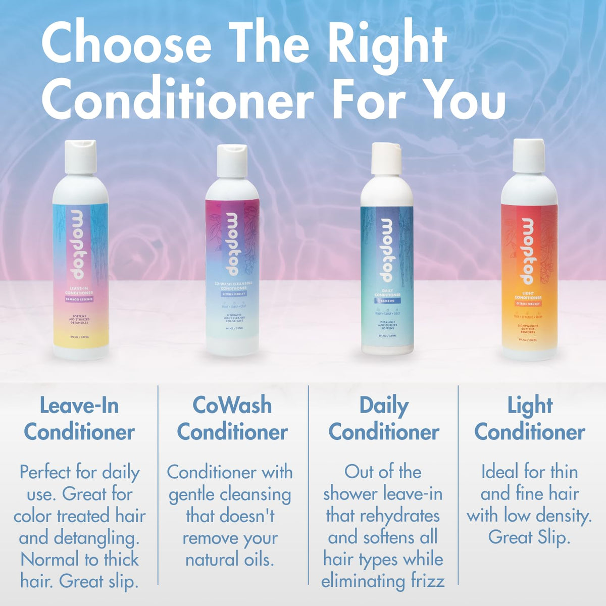 MopTop spraying onto wet hair illustrating even distribution and detangling aid