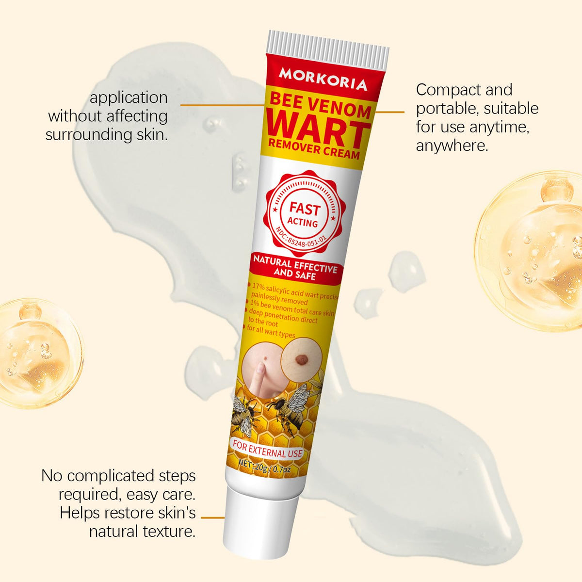 MORKORIA label close-up listing salicylic acid and bee venom concentrations