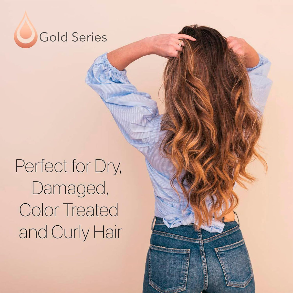 Moroccan Gold Series argan oil bottle highlight showing natural ingredient and nourishing benefit