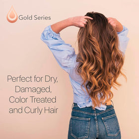 Moroccan Gold Series argan oil bottle highlight showing natural ingredient and nourishing benefit