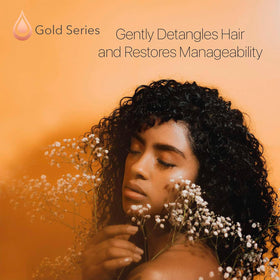 Moroccan Gold Series before and after detangling showing reduced frizz