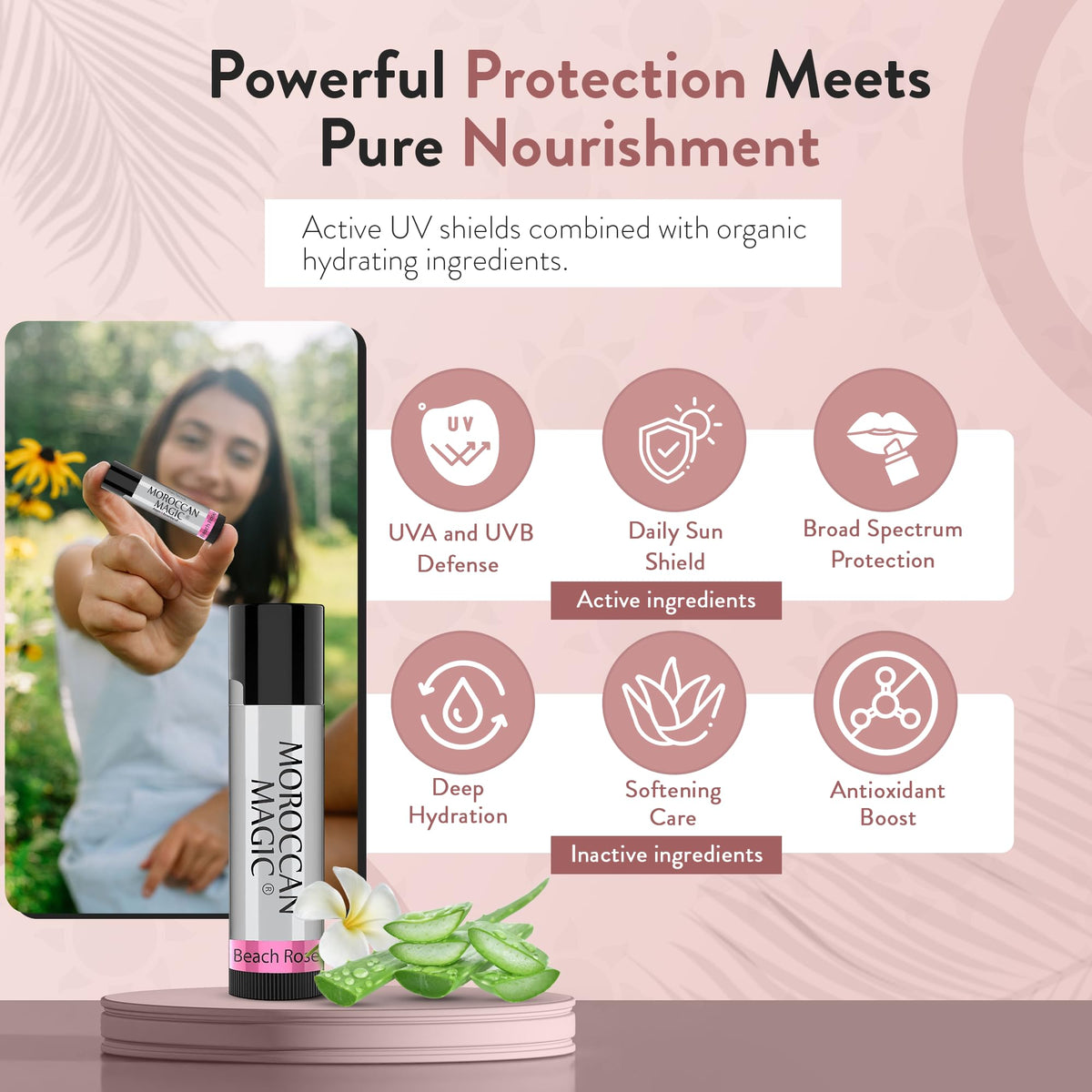 Moroccan Magic lip balm held in hand to display compact size and portability
