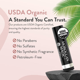 Moroccan Magic rose-flavored balm being applied for smooth, soft lips