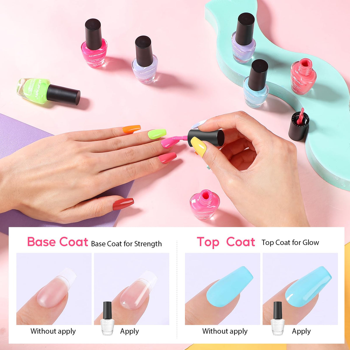 Morovan base and top coat bottles showing protection and glossy finish