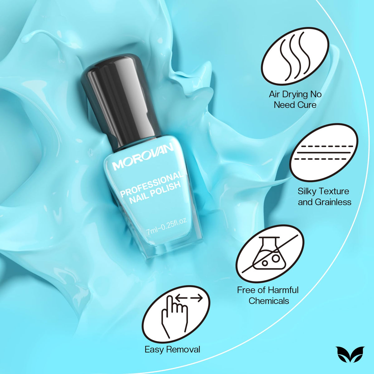 Morovan bottle close-up highlighting brush and glossy polish for smooth application