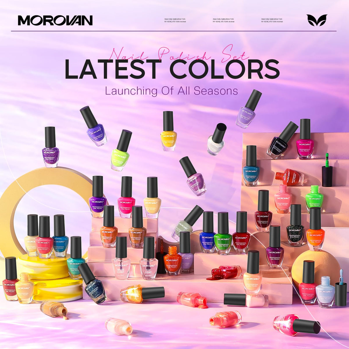 Morovan color array flatlay displaying 48 shades to match any outfit quickly