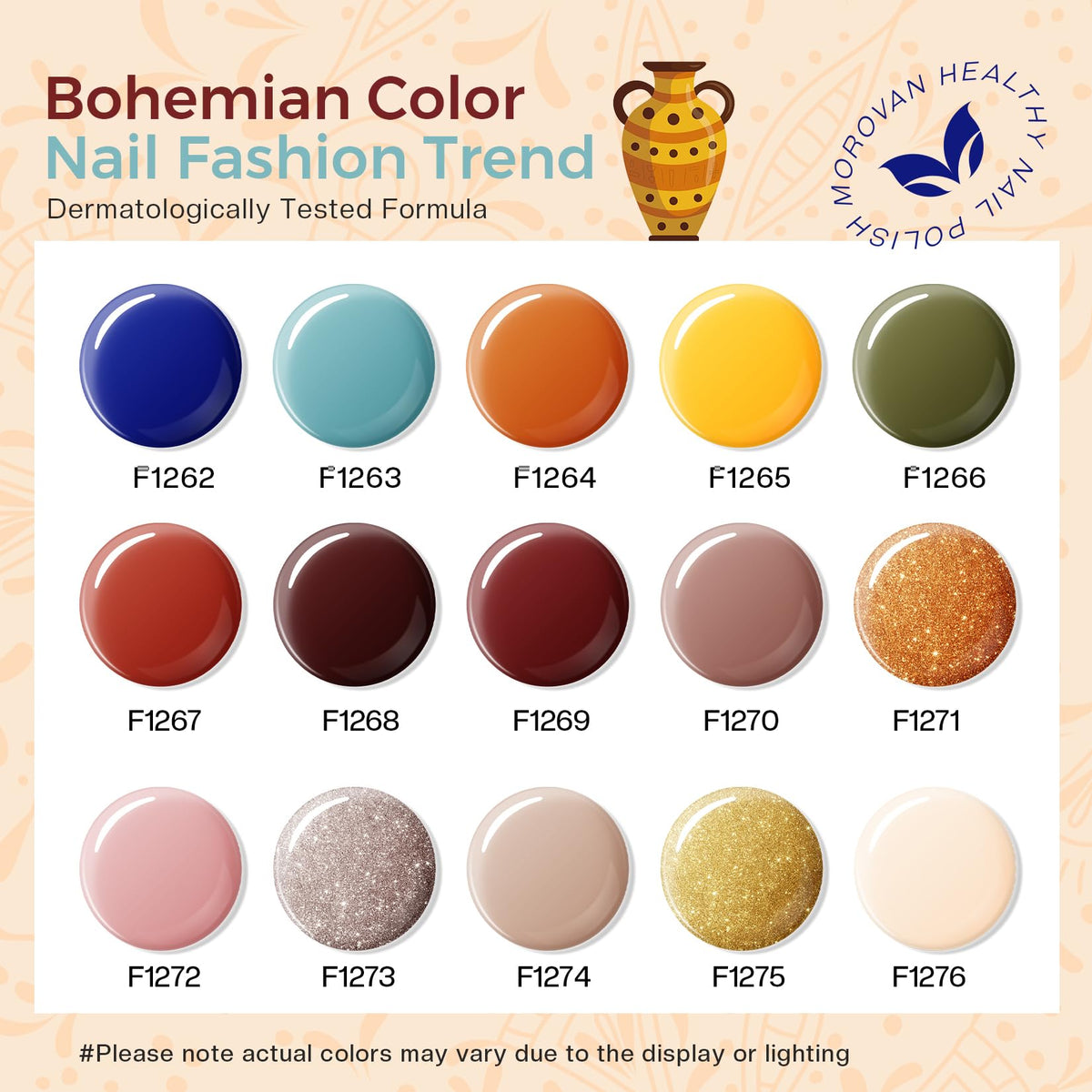Morovan color swatch fan displaying 15 terracotta, nude, and accent shades