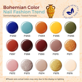 Morovan color swatch fan displaying 15 terracotta, nude, and accent shades