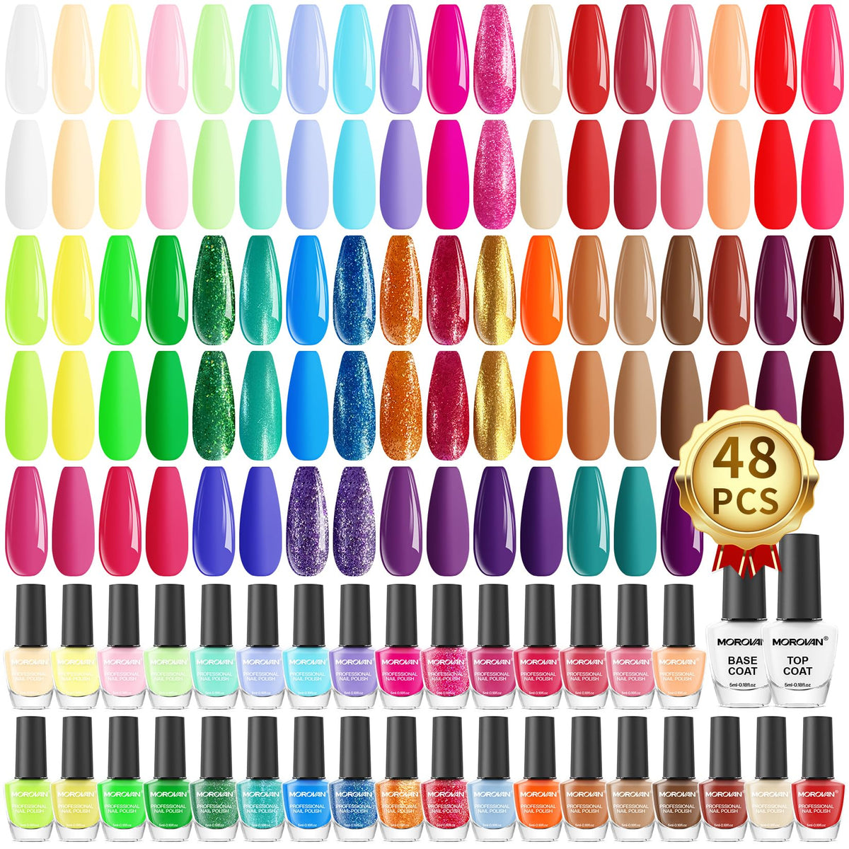 Morovan front packaging showing 48-piece set and included base and top coat for variety