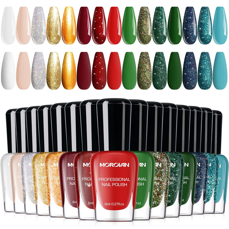 Morovan front packaging showing the full holiday nail polish set and festive appeal