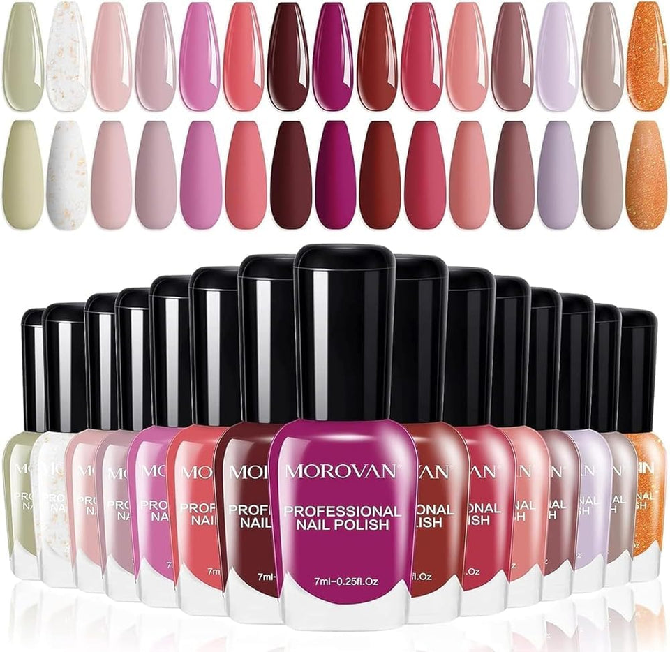 Morovan front packaging showing 15 polish bottles and compact gift-ready layout